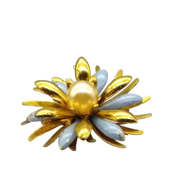 Dimensional Flower Brooch, Blue Enamel and Shiny Gold Tone Petals Pin with Pearl - Picture 2 of 4